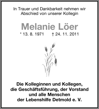 Anzeige  Melanie Löer  Lippische Landes-Zeitung