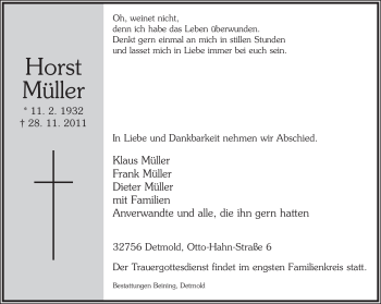 Anzeige  Horst Müller  Lippische Landes-Zeitung