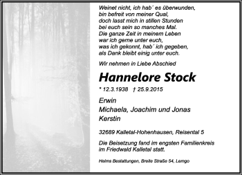 Anzeige  Hannelore Stock  Lippische Landes-Zeitung