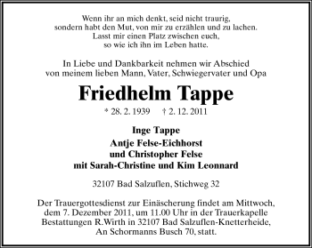 Anzeige  Friedhelm Tappe  Lippische Landes-Zeitung