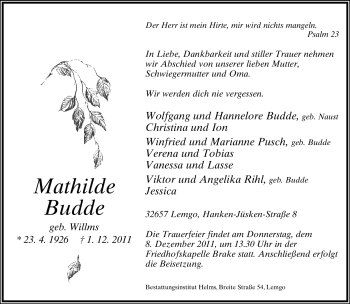 Anzeige  Mathilda Budde  Lippische Landes-Zeitung