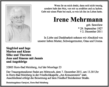 Anzeige  Irene Mehrmann  Lippische Landes-Zeitung