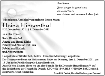 Anzeige  Heinz Hinnenthal  Lippische Landes-Zeitung