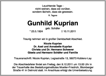 Anzeige  Gunhild Kuprian  Lippische Landes-Zeitung