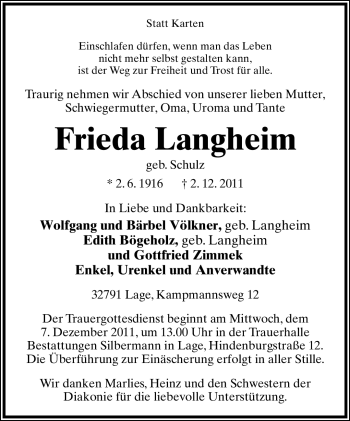 Anzeige  Frieda Langheim  Lippische Landes-Zeitung