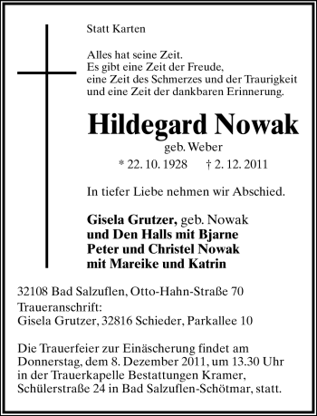Anzeige  Hildegard Nowak  Lippische Landes-Zeitung