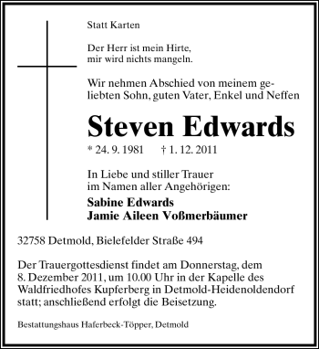 Anzeige  Steven Edwards  Lippische Landes-Zeitung