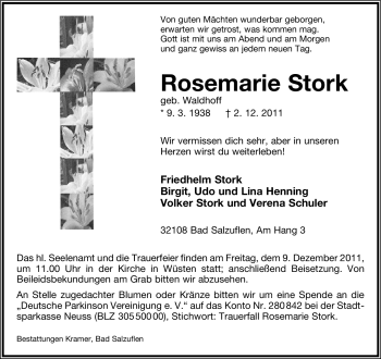 Anzeige  Rosemarie Stork  Lippische Landes-Zeitung