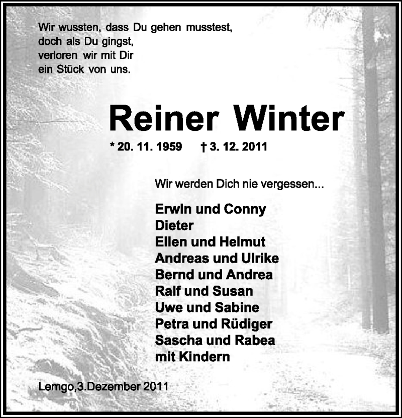  Traueranzeige für Reiner Winter vom 06.12.2011 aus Lippische Landes-Zeitung