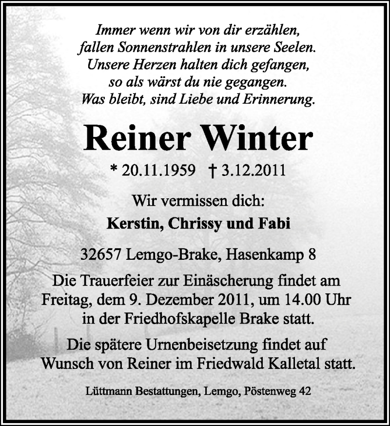  Traueranzeige für Reiner Winter vom 06.12.2011 aus Lippische Landes-Zeitung