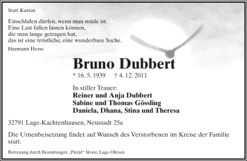 Anzeige  Bruno Dubbert  Lippische Landes-Zeitung