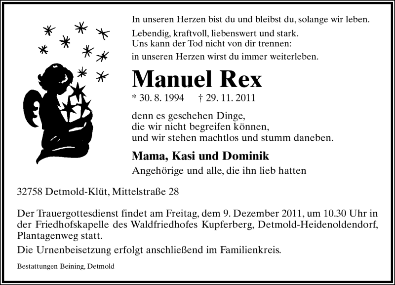  Traueranzeige für Manuel Rex vom 06.12.2011 aus Lippische Landes-Zeitung