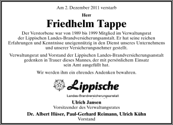 Anzeige  Friedhelm Tappe  Lippische Landes-Zeitung
