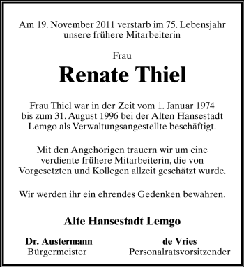 Anzeige  Renate Thiel  Lippische Landes-Zeitung