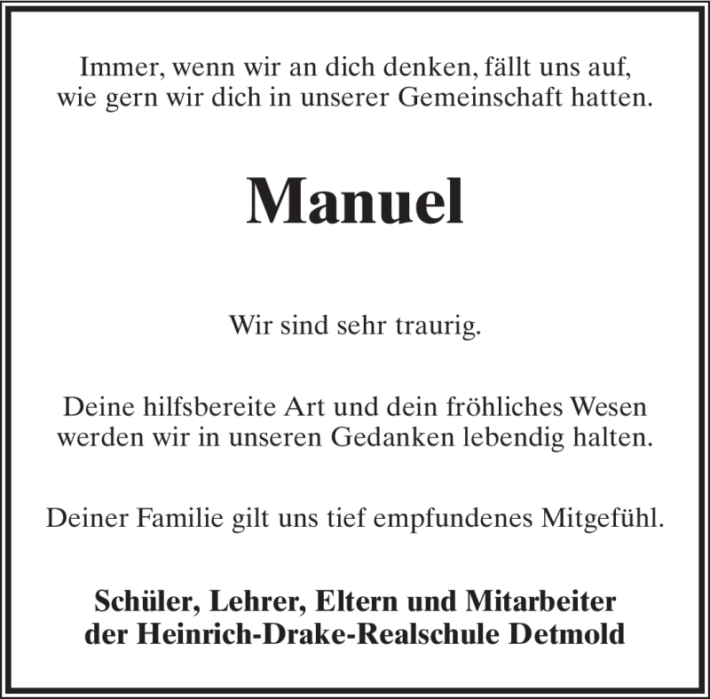  Traueranzeige für Manuel Rex vom 06.12.2011 aus Lippische Landes-Zeitung