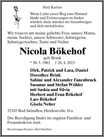Anzeige  Nicola Bökehof  Lippische Landes-Zeitung
