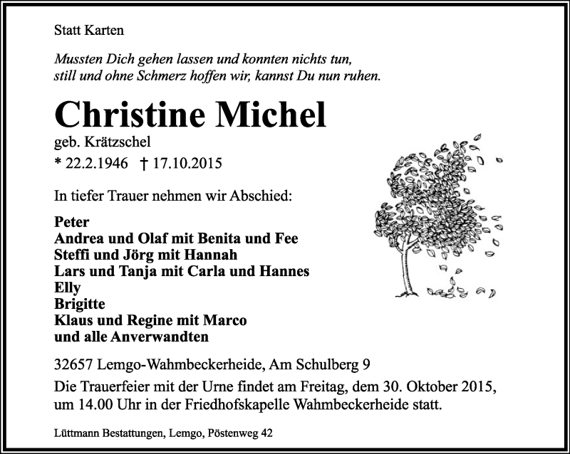  Traueranzeige für Christine Michel vom 24.10.2015 aus Lippische Landes-Zeitung