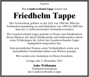 Anzeige  Friedhelm Tappe  Lippische Landes-Zeitung