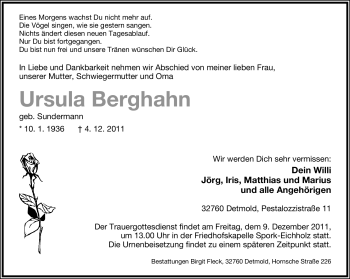 Anzeige  Ursula Berghahn  Lippische Landes-Zeitung