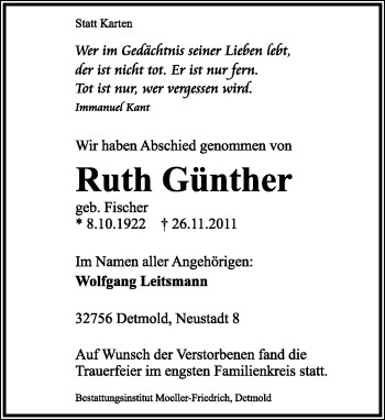 Anzeige  Ruth Günter  Lippische Landes-Zeitung