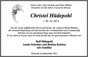 Anzeige  Christel Hüdepohl  Lippische Landes-Zeitung
