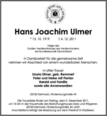 Anzeige  Hans Joachim Ulmer  Lippische Landes-Zeitung