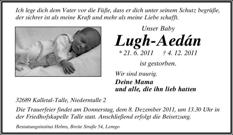  Traueranzeige für Lugh-Aedán  vom 07.12.2011 aus Lippische Landes-Zeitung
