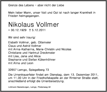 Anzeige  Nikolaus Vollmer  Lippische Landes-Zeitung