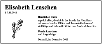 Anzeige  Elisabeth Lenschen  Lippische Landes-Zeitung