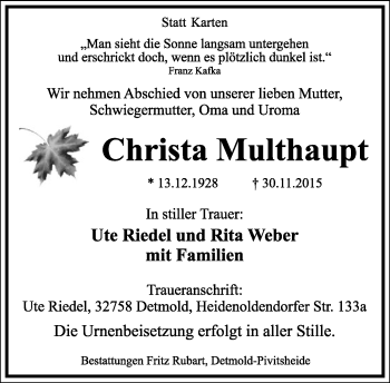 Anzeige  Christa Multhaupt  Lippische Landes-Zeitung
