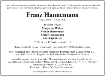 Anzeige  Franz Hannemann  Lippische Landes-Zeitung