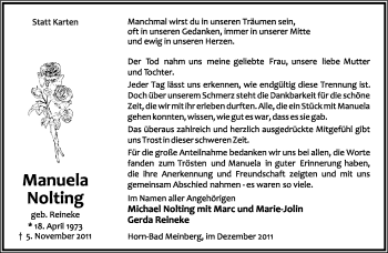 Anzeige  Manuela Noltig  Lippische Landes-Zeitung