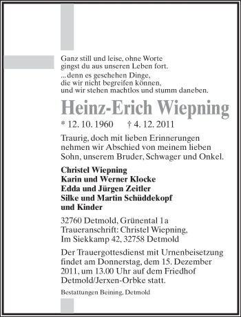 Anzeige  Heinz-Erich Wiepning  Lippische Landes-Zeitung