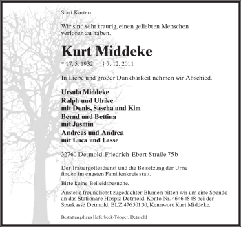 Anzeige  Kurt Middeke  Lippische Landes-Zeitung