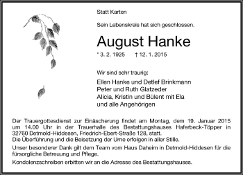 Anzeige  August Hanke  Lippische Landes-Zeitung