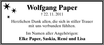 Anzeige  Wolfgang Paper  Lippische Landes-Zeitung