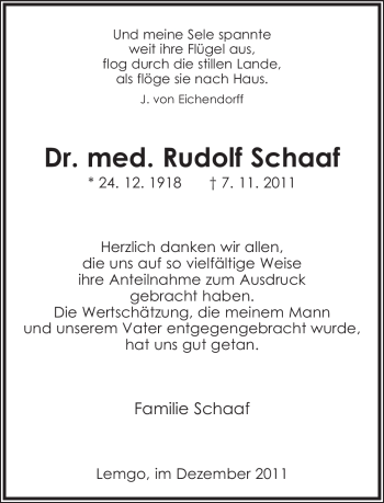 Anzeige  Rudolf Schaaf  Lippische Landes-Zeitung