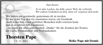 Anzeige  Thorsten Pape  Lippische Landes-Zeitung