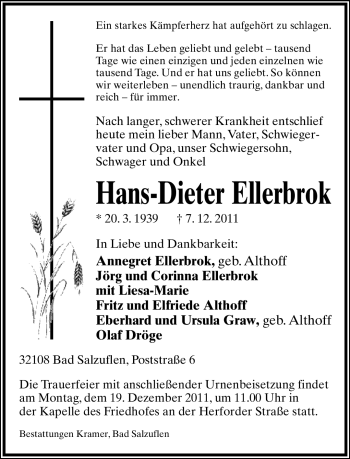 Anzeige  Hans-Dieter Ellerbrok  Lippische Landes-Zeitung