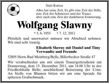 Anzeige  Wolfgang Slawny  Lippische Landes-Zeitung