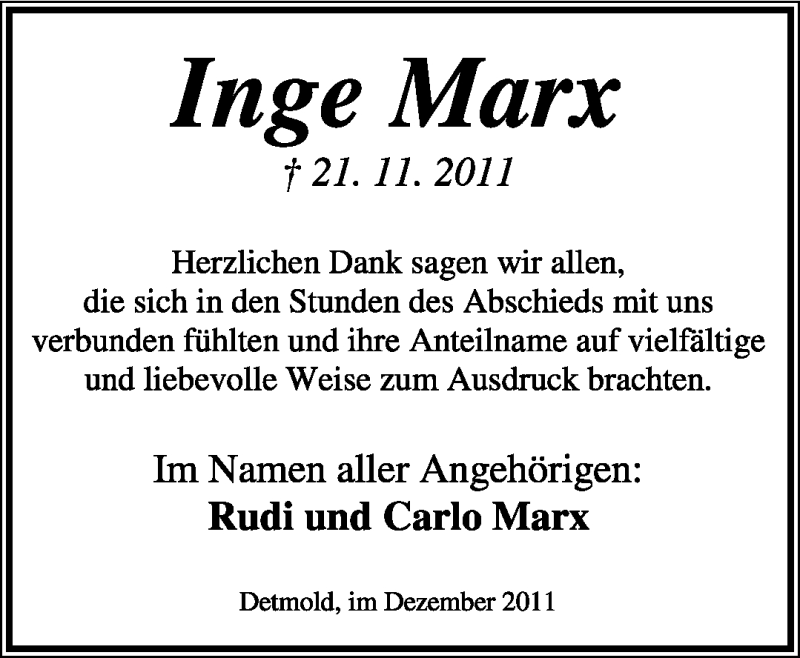  Traueranzeige für Inge Marx vom 10.12.2011 aus Lippische Landes-Zeitung