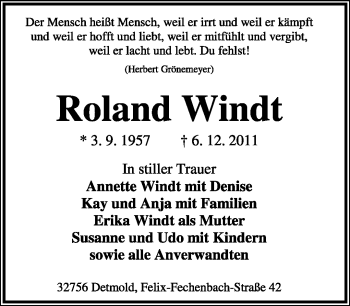 Anzeige  Roland Windt  Lippische Landes-Zeitung