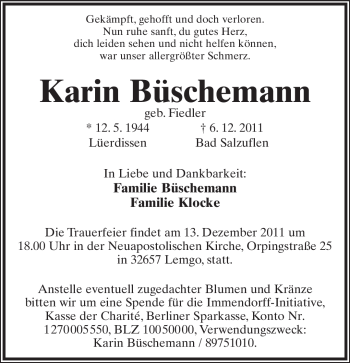 Anzeige  Karin Büschemann  Lippische Landes-Zeitung