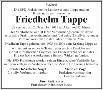 Anzeige  Friedhelm Tappe  Lippische Landes-Zeitung