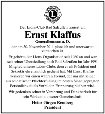 Anzeige  Ernst Klaffus  Lippische Landes-Zeitung