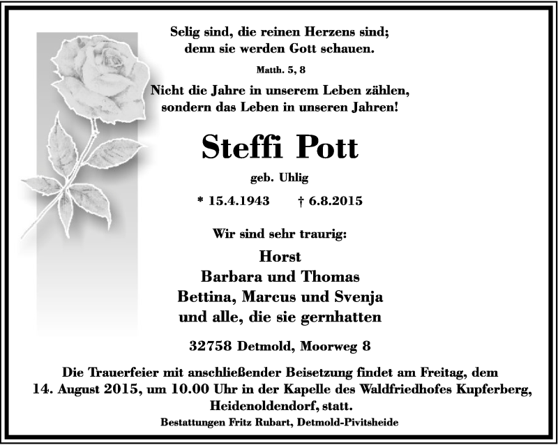  Traueranzeige für Steffi Pott vom 12.08.2015 aus Lippische Landes-Zeitung