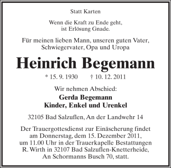 Anzeige  Heinrich Begemann  Lippische Landes-Zeitung