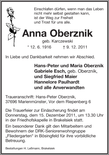 Anzeige  Anna Oberznik  Lippische Landes-Zeitung