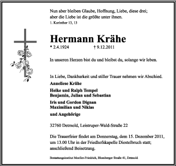 Anzeige  Hermann Krähe  Lippische Landes-Zeitung