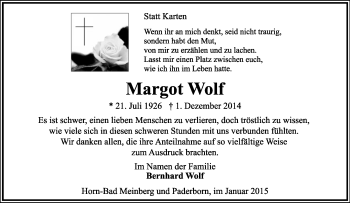 Anzeige  Margot Wolf  Lippische Landes-Zeitung
